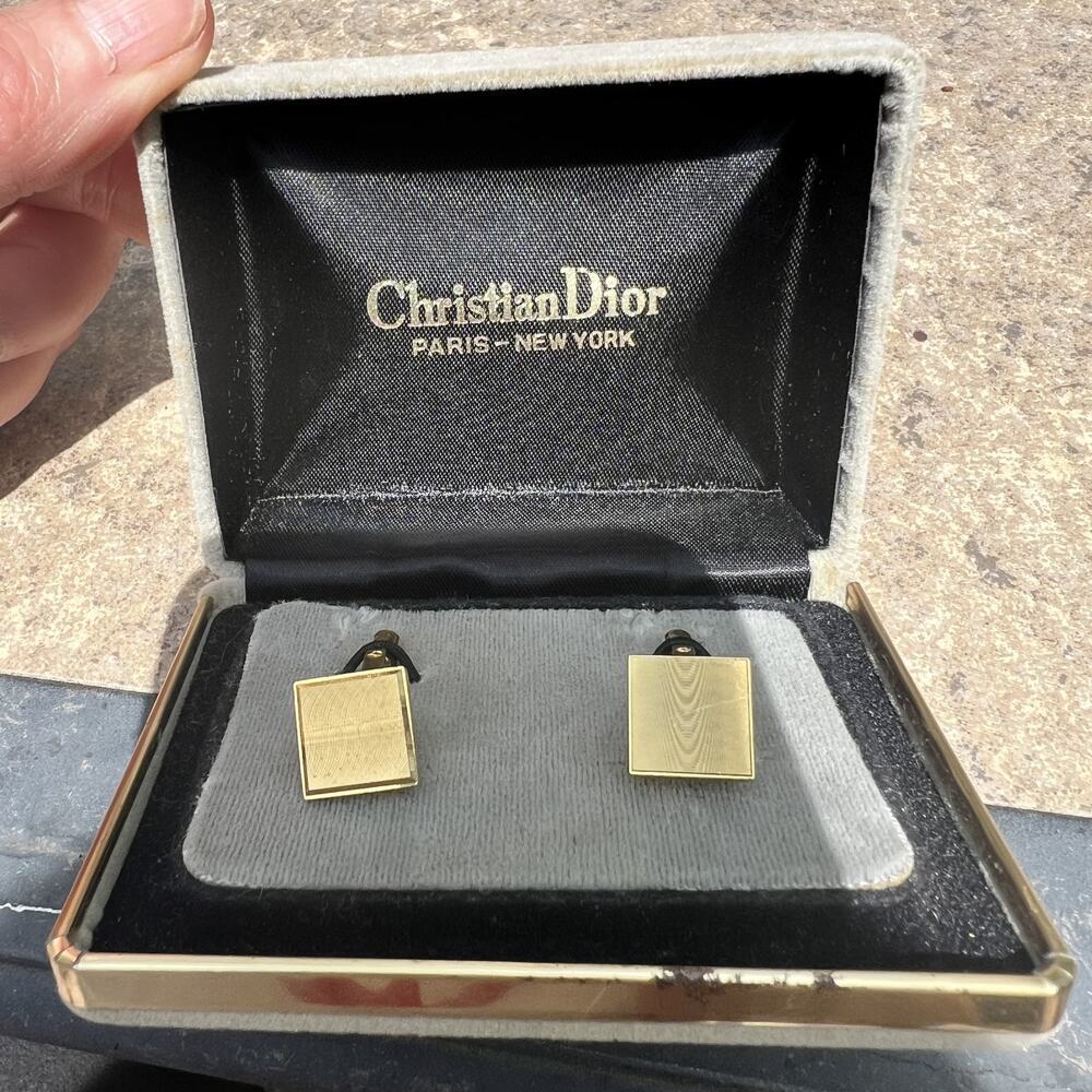 Vintage Christian Dior Gold Tone Cufflinks Signed Mismatched Pair With Box